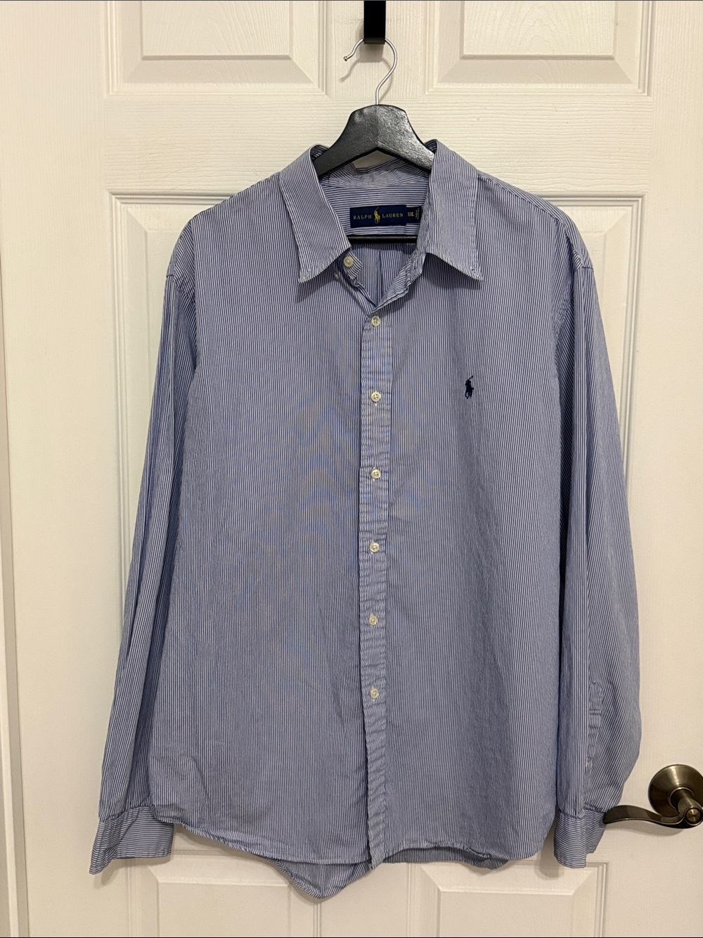 Ralph Lauren’s men’s button down blue and white striped shirt